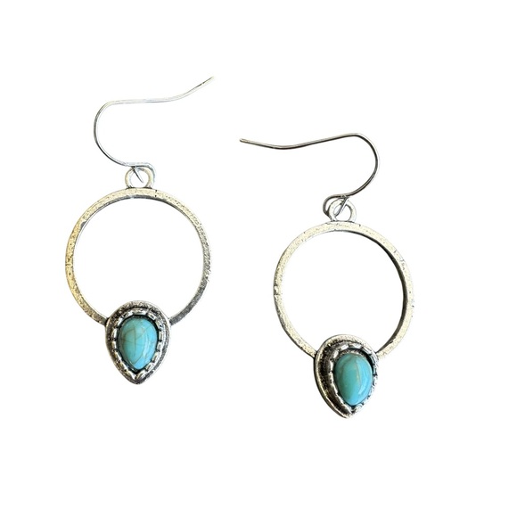 Boho Antique Silver and Turquoise Hollow Hoop Earrings - Picture 2 of 5
